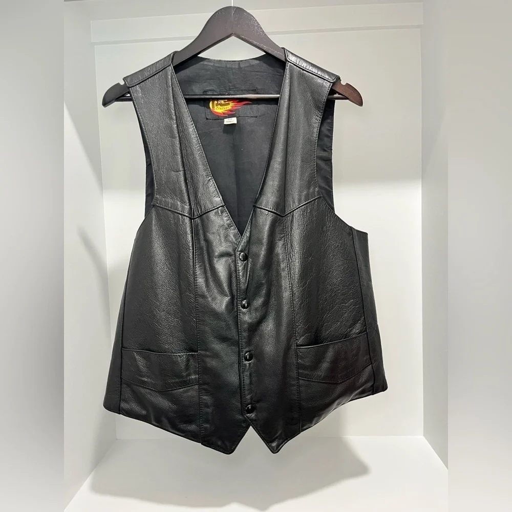 Vintage PNC Leather Black Motorcycle Vest Made In The USA size 48 XL/XXL